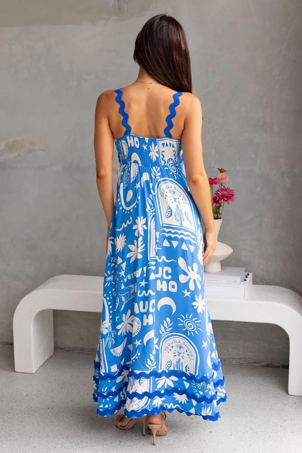 Spring Boho Spaghetti Strap Dress for Women 2024 Summer Vacation Beach Long Dress Ric Rac Flowy Swing Maxi Sundress