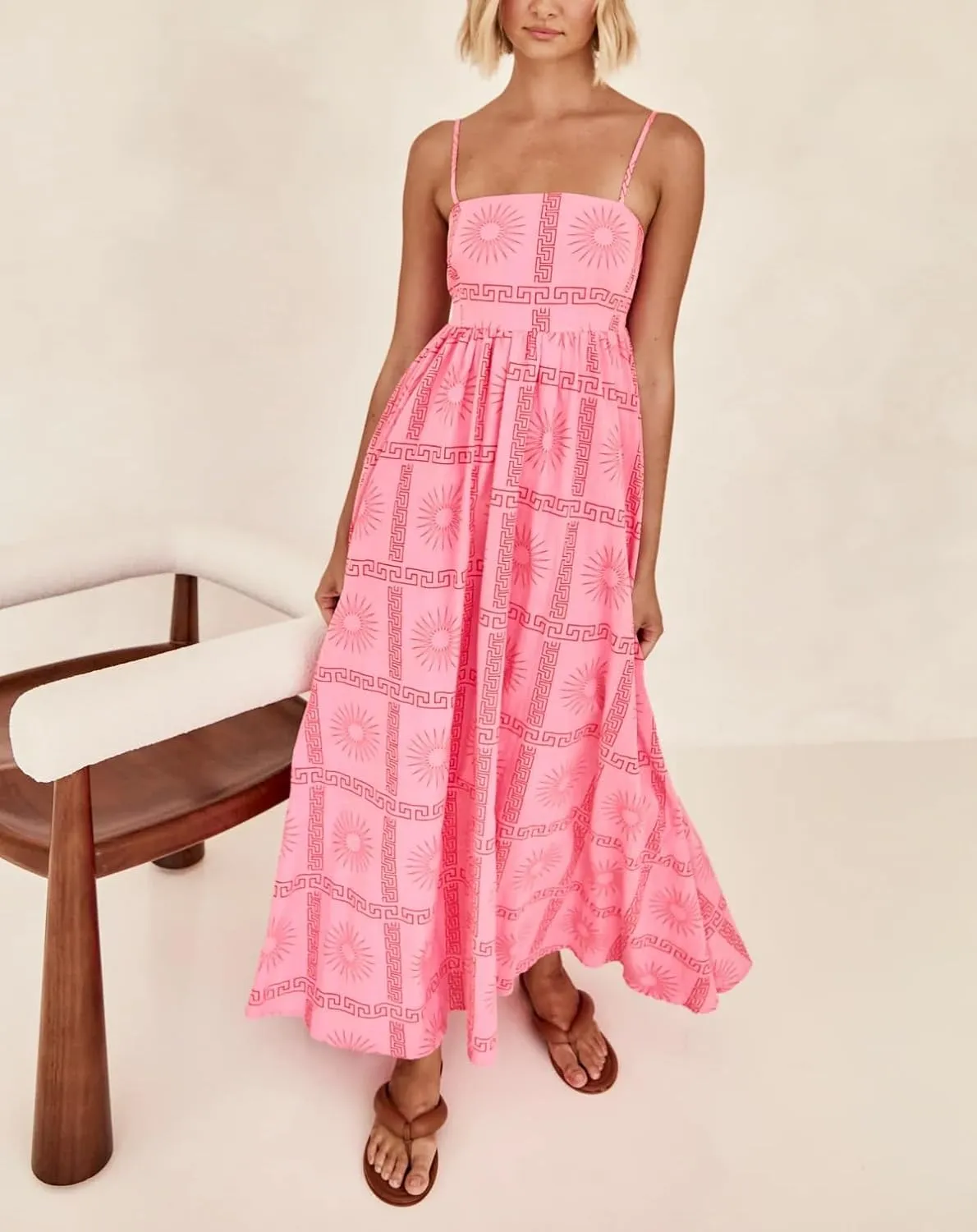 Spring Boho Spaghetti Strap Dress for Women 2024 Summer Vacation Beach Long Dress Ric Rac Flowy Swing Maxi Sundress