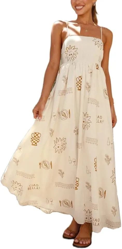 Spring Boho Spaghetti Strap Dress for Women 2024 Summer Vacation Beach Long Dress Ric Rac Flowy Swing Maxi Sundress