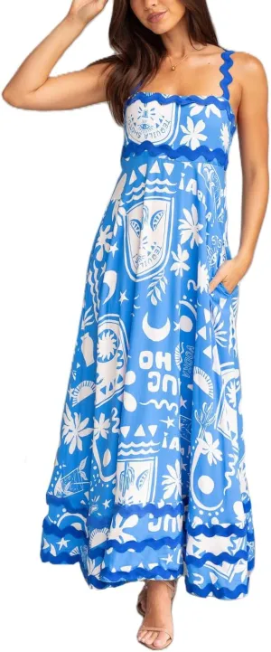 Spring Boho Spaghetti Strap Dress for Women 2024 Summer Vacation Beach Long Dress Ric Rac Flowy Swing Maxi Sundress