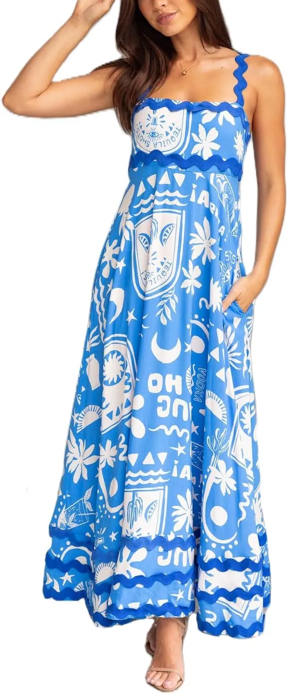 Spring Boho Spaghetti Strap Dress for Women 2024 Summer Vacation Beach Long Dress Ric Rac Flowy Swing Maxi Sundress