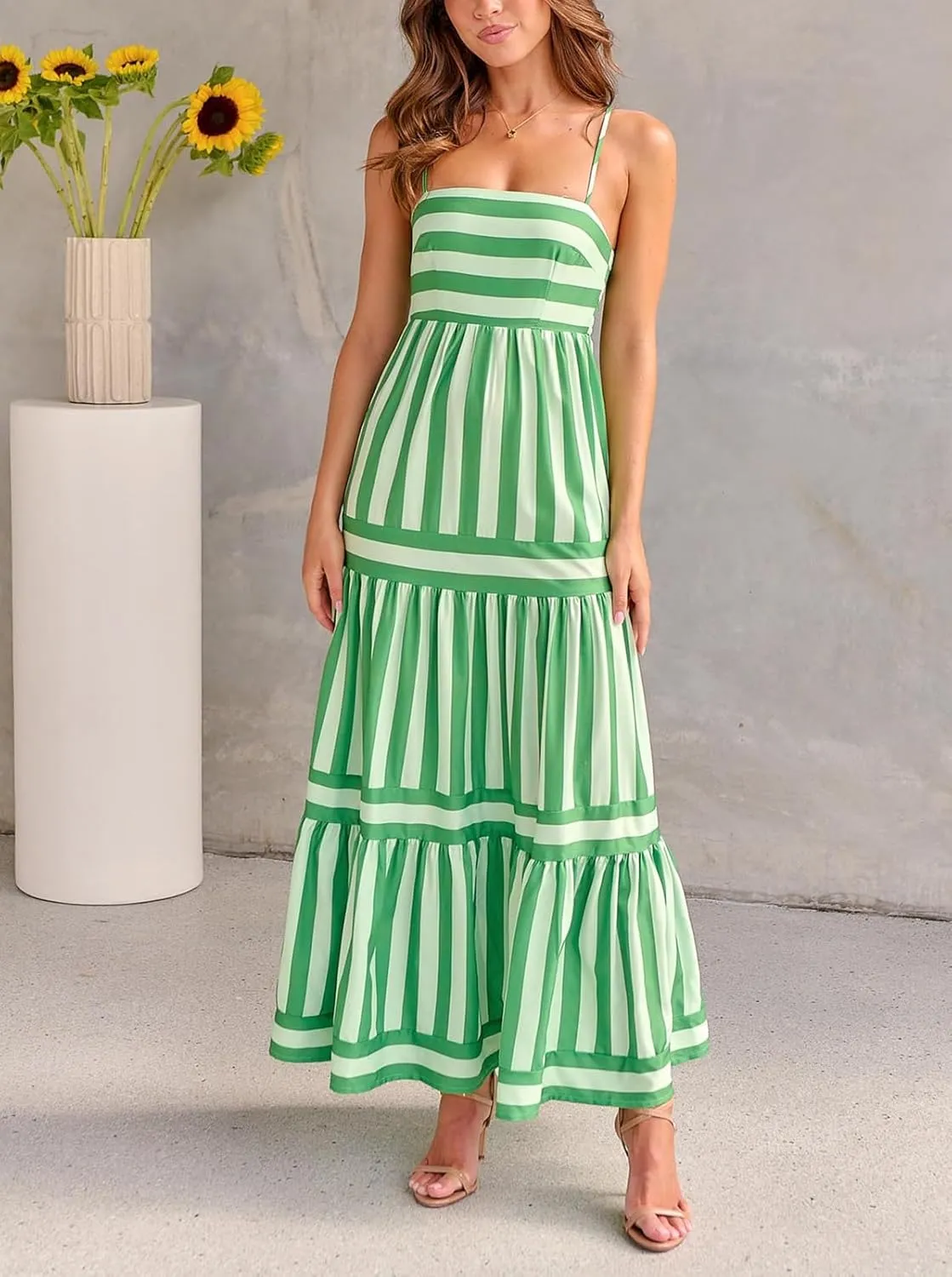 Spring Boho Spaghetti Strap Dress for Women 2024 Summer Vacation Beach Long Dress Ric Rac Flowy Swing Maxi Sundress