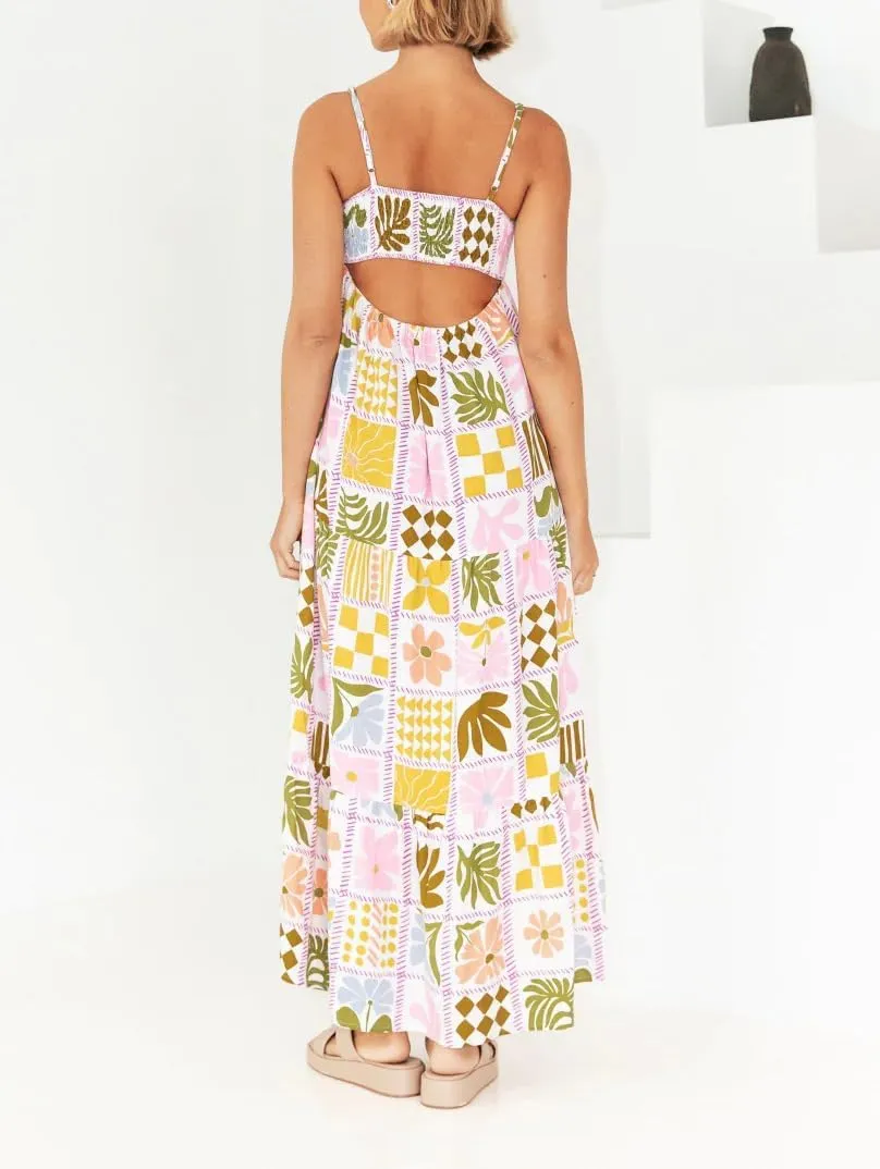 Spring Boho Spaghetti Strap Dress for Women 2024 Summer Vacation Beach Long Dress Ric Rac Flowy Swing Maxi Sundress
