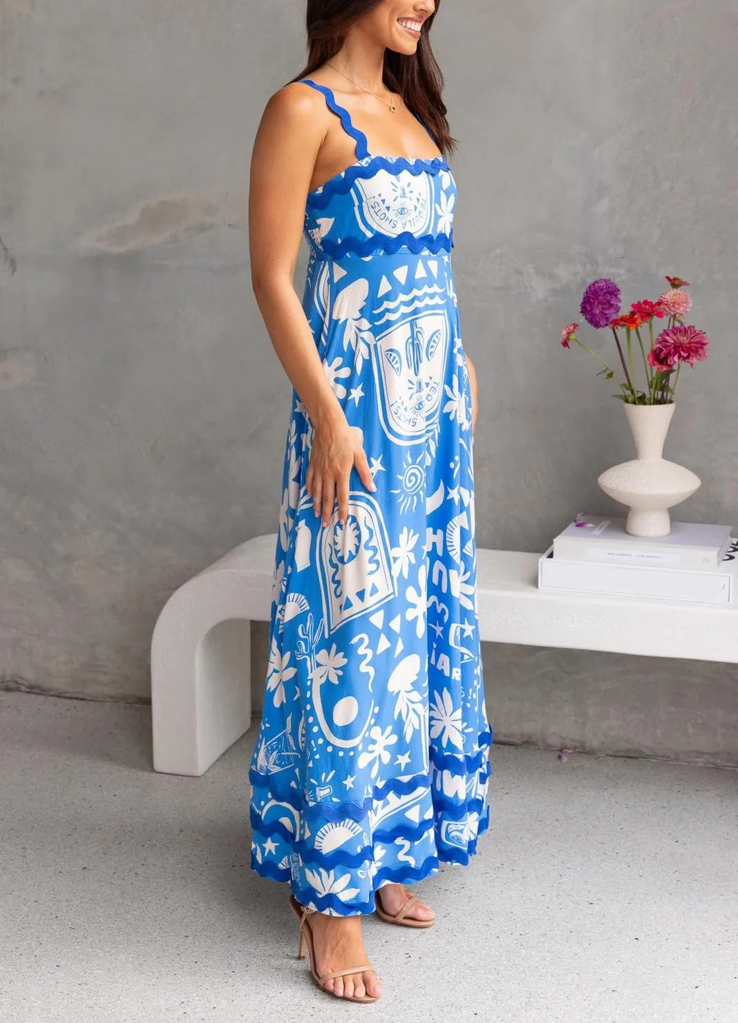 Spring Boho Spaghetti Strap Dress for Women 2024 Summer Vacation Beach Long Dress Ric Rac Flowy Swing Maxi Sundress