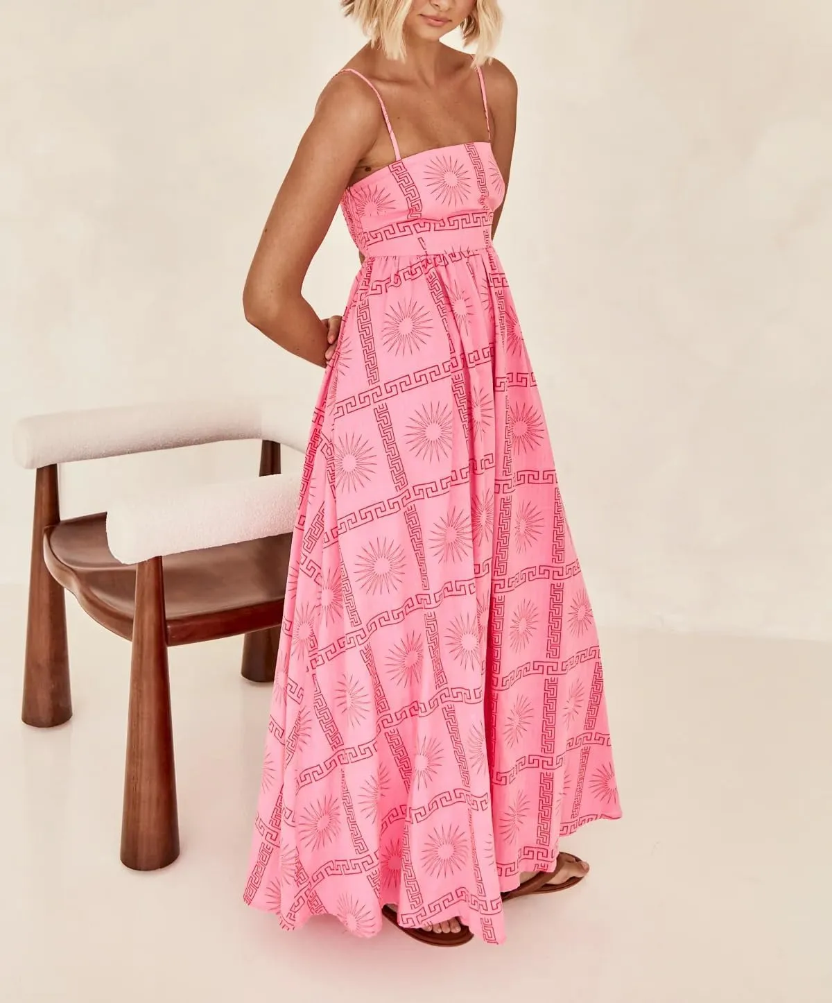 Spring Boho Spaghetti Strap Dress for Women 2024 Summer Vacation Beach Long Dress Ric Rac Flowy Swing Maxi Sundress