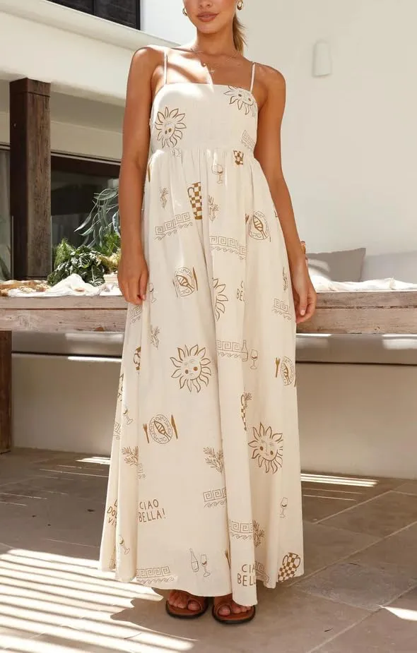 Spring Boho Spaghetti Strap Dress for Women 2024 Summer Vacation Beach Long Dress Ric Rac Flowy Swing Maxi Sundress