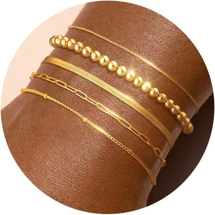 Stack Dainty Gold Beaded Bracelets Set for Women Trendy Tarnish Stackable Pack Layered 14K Chain Paperclip Bracelet Accessories Stacking Trending Small Simple Adjustable Vintage Jewelry Gifts