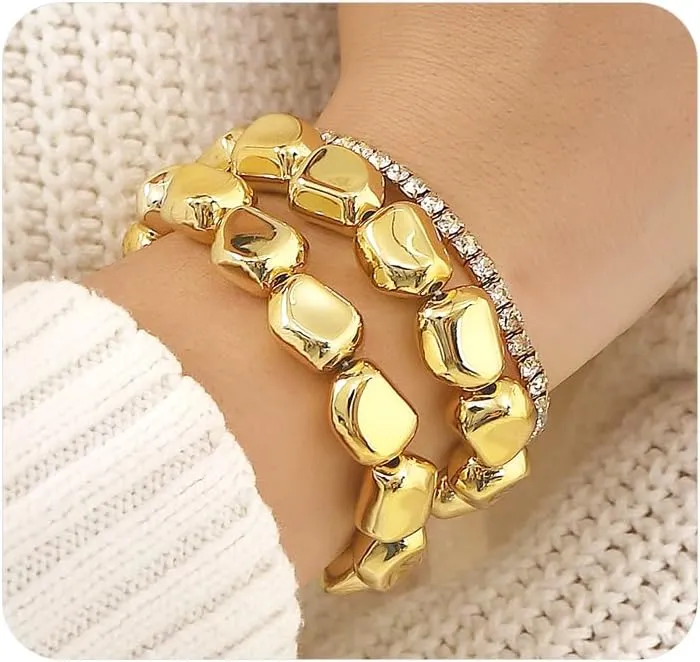 Stackable Gold Rhinestone Bracelets Set for Women Chunky CZ Irregular Geometric Bracelets Fashion Elastic Zircon Bangles Jewelry Accessories