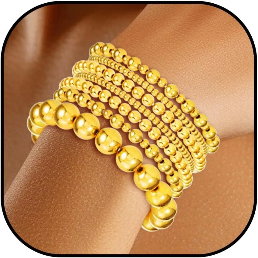 Stackable Stretch Bracelet Set Gold Bohemian Clay Beads Bracelets 7PCS Layered Bangle for Women