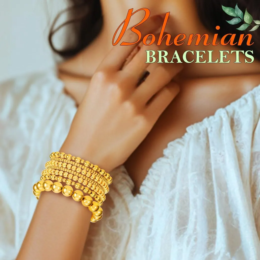 Stackable Stretch Bracelet Set Gold Bohemian Clay Beads Bracelets 7PCS Layered Bangle for Women