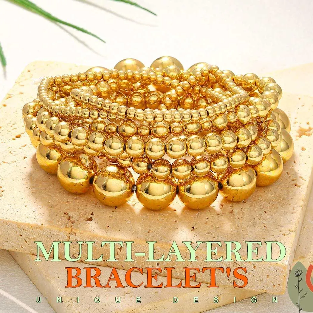 Stackable Stretch Bracelet Set Gold Bohemian Clay Beads Bracelets 7PCS Layered Bangle for Women
