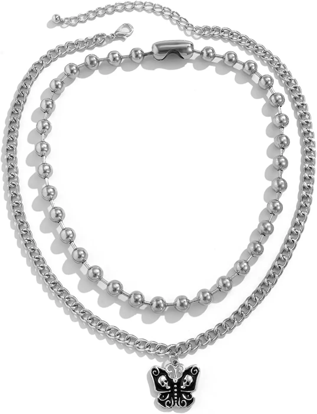 Stacked Necklaces for Women, Ball Chain 2 Layer Butterfly Necklace