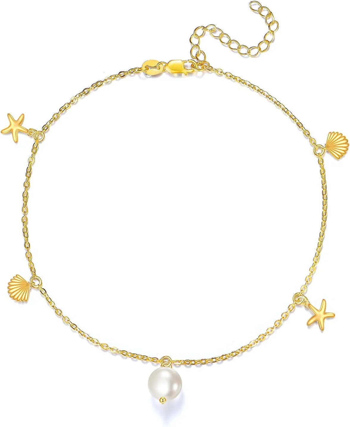 Starfish Seashell Anklet Sterling Silver 14K Gold Plated Adjustable Anklet Summer Beach Jewelry Gifts for Women