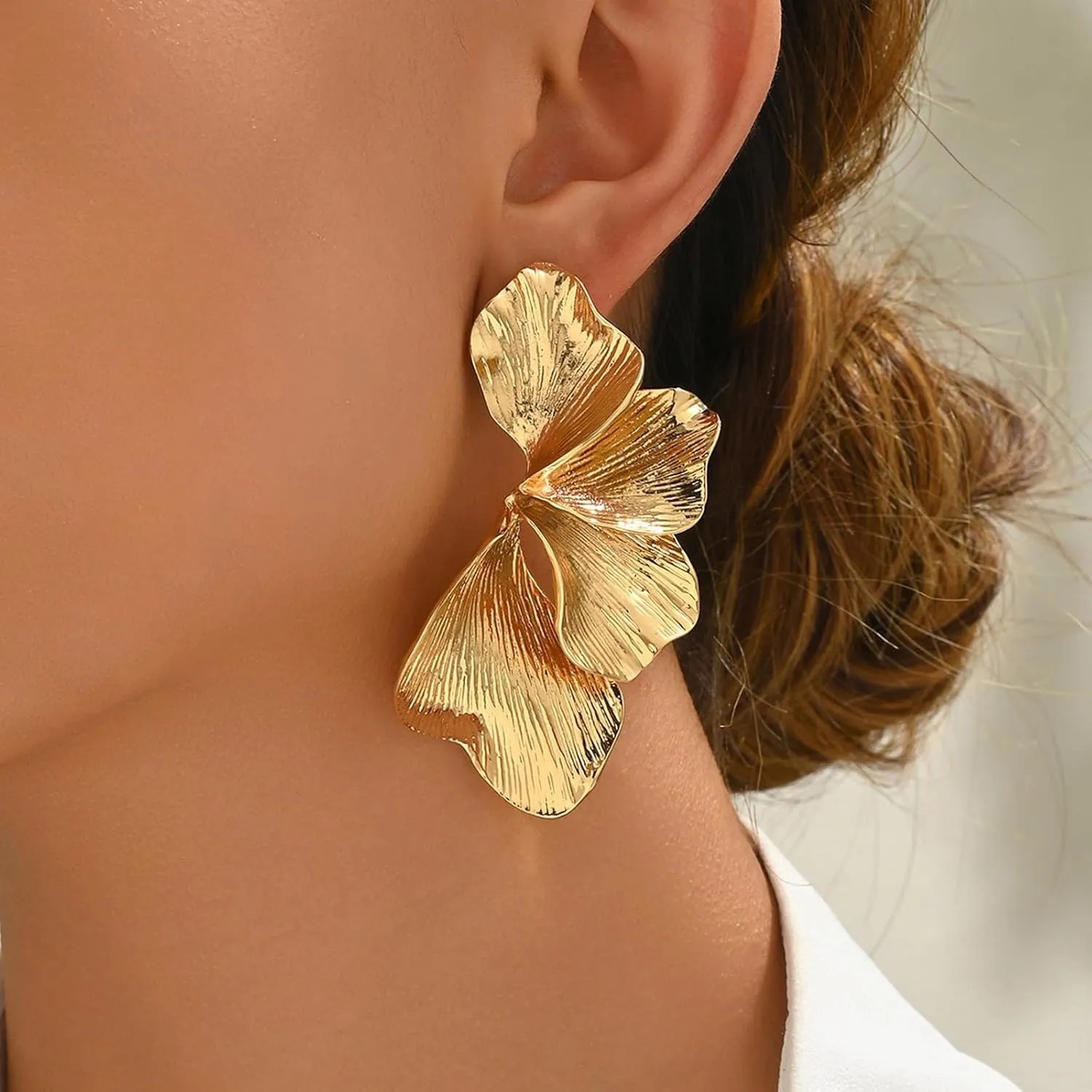 Statement Gold Flower Earrings for Women 14K Gold Plated Flower Dangle Earrings Boho Yellow Big Chunky Pearl Floral Petal Earring Lightweight Prom Jewelry Mothers Day Gifts Trendy Stuff