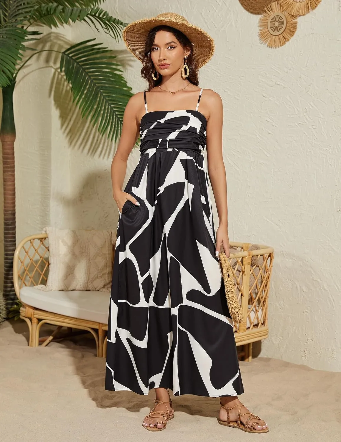 Summer Dress for Women 2025 Floral Sundress Flowy Beach Vacation Spaghetti Strap Boho Maxi Dresses