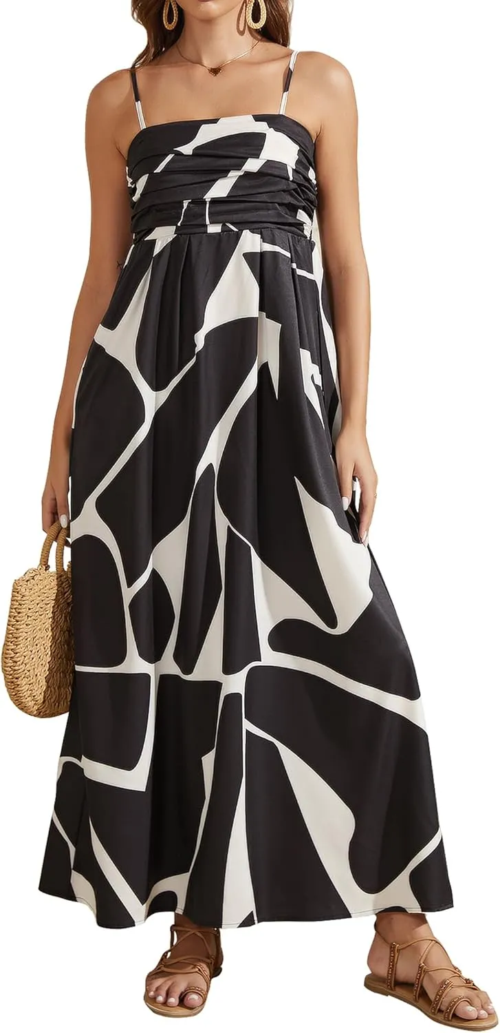 Summer Dress for Women 2025 Floral Sundress Flowy Beach Vacation Spaghetti Strap Boho Maxi Dresses