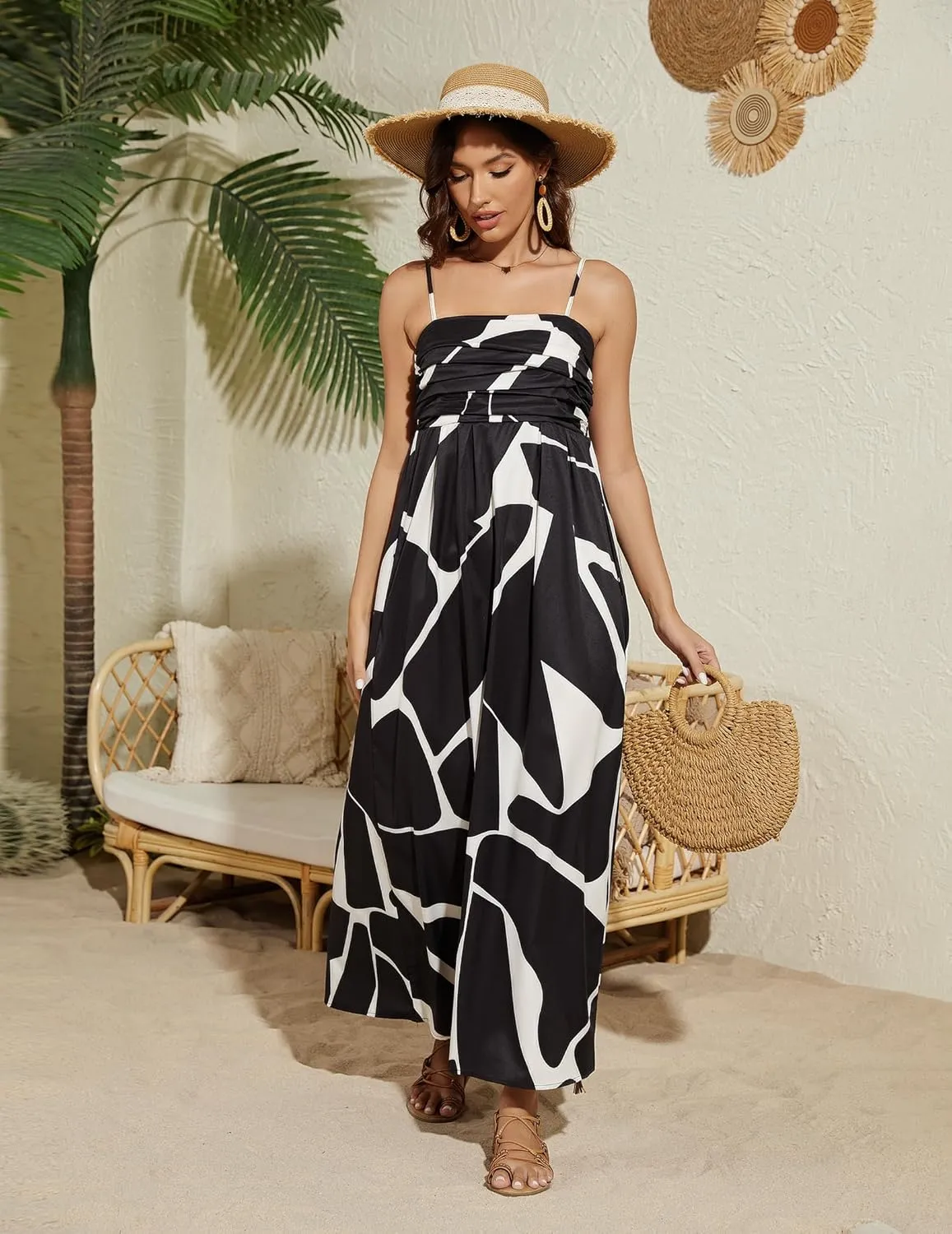 Summer Dress for Women 2025 Floral Sundress Flowy Beach Vacation Spaghetti Strap Boho Maxi Dresses