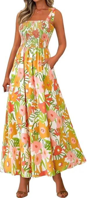 Summer Floral Dress for Women Trendy Sleeveless Maxi Dress Flowy Spaghetti Strap A Line Beach Vacation Long Sundress