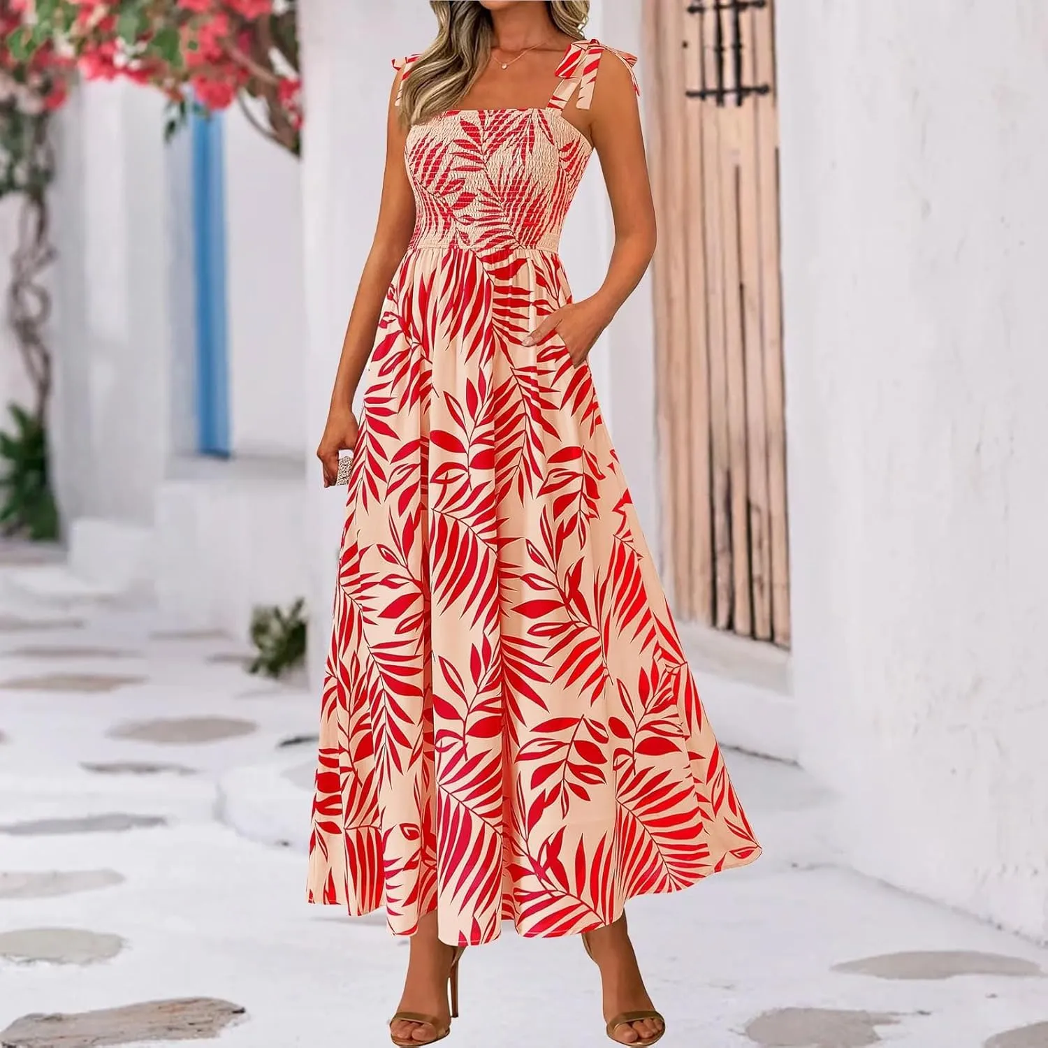 Summer Floral Dress for Women Trendy Sleeveless Maxi Dress Flowy Spaghetti Strap A Line Beach Vacation Long Sundress