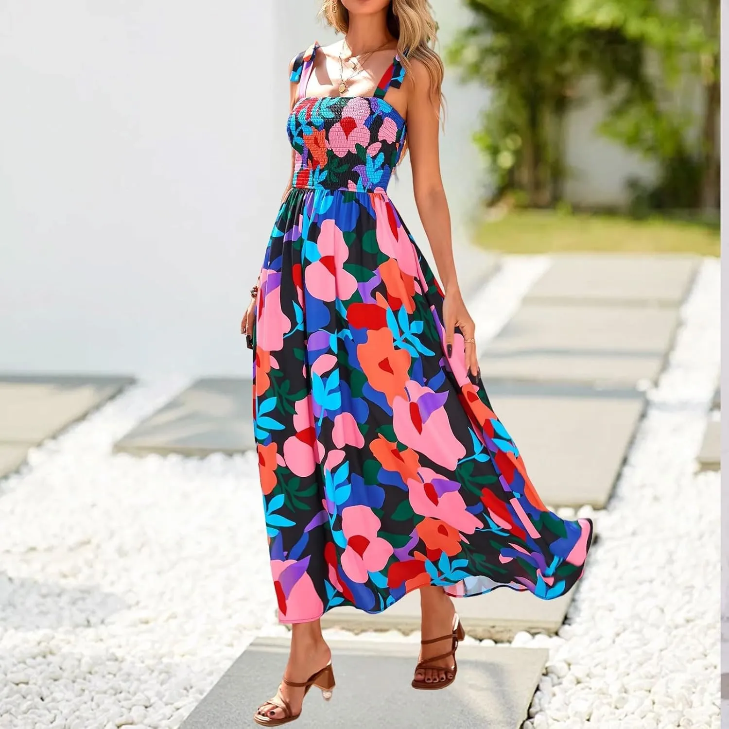 Summer Floral Dress for Women Trendy Sleeveless Maxi Dress Flowy Spaghetti Strap A Line Beach Vacation Long Sundress
