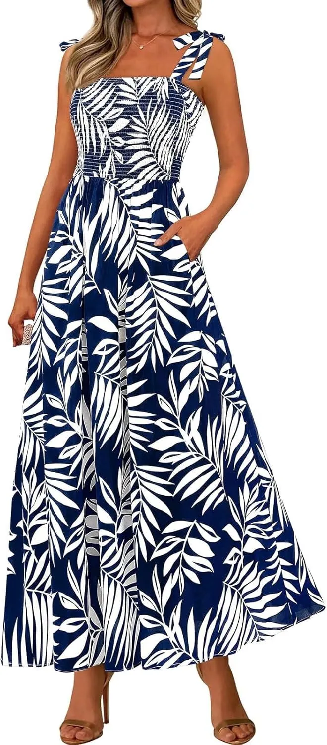 Summer Floral Dress for Women Trendy Sleeveless Maxi Dress Flowy Spaghetti Strap A Line Beach Vacation Long Sundress