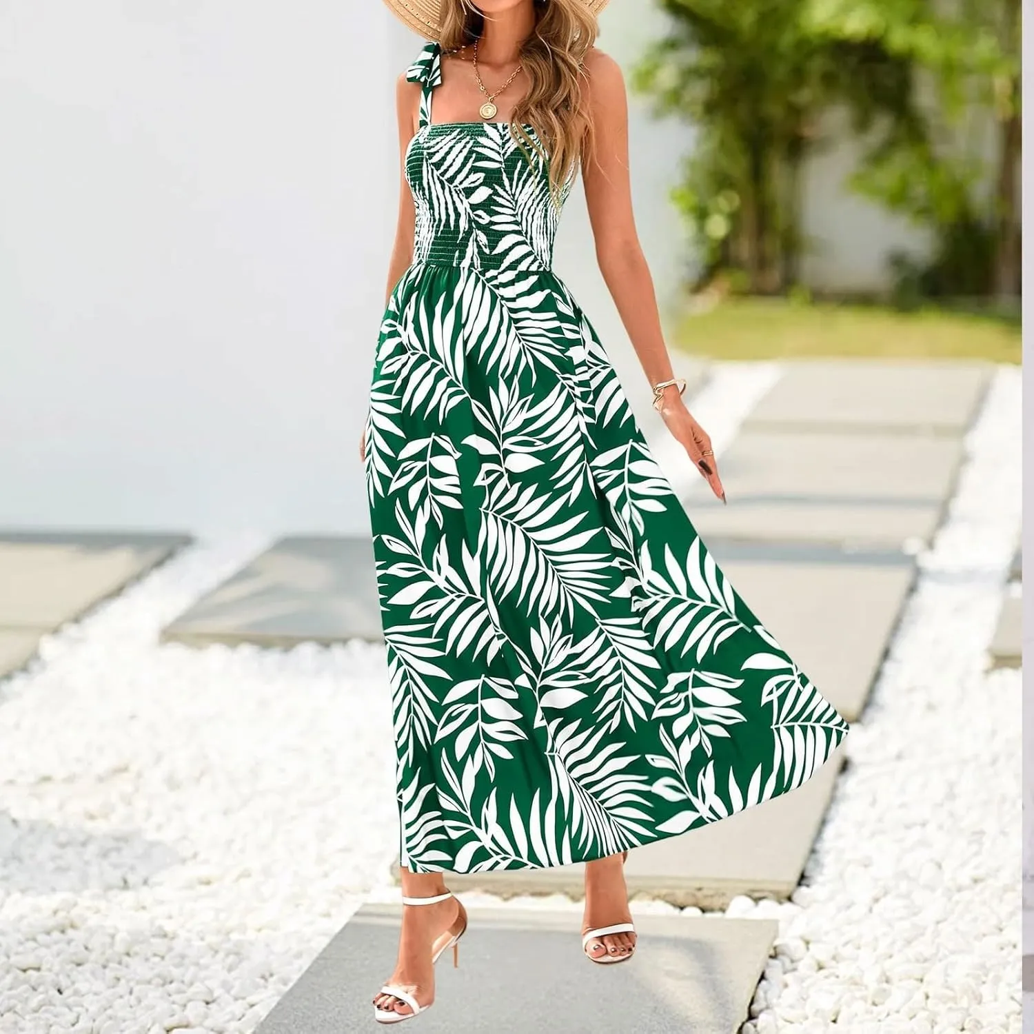 Summer Floral Dress for Women Trendy Sleeveless Maxi Dress Flowy Spaghetti Strap A Line Beach Vacation Long Sundress