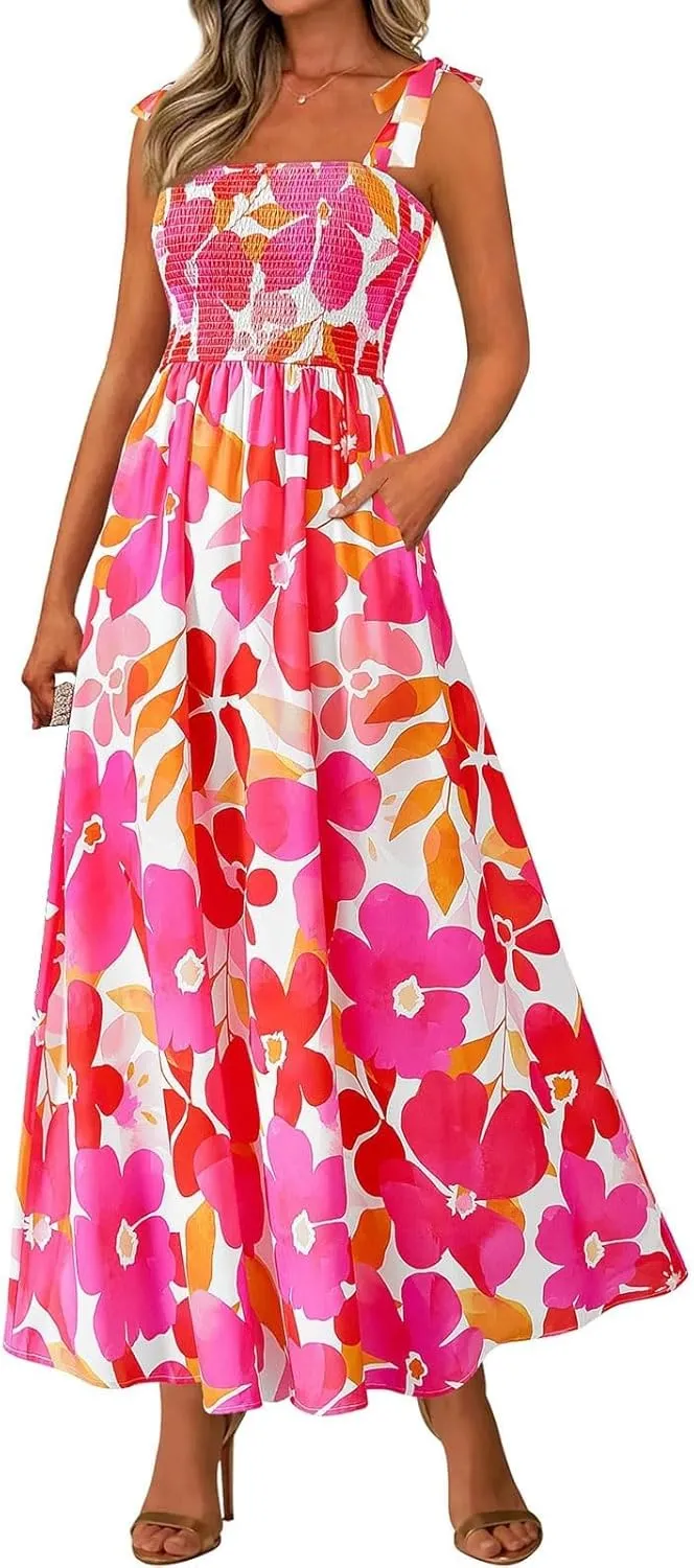 Summer Floral Dress for Women Trendy Sleeveless Maxi Dress Flowy Spaghetti Strap A Line Beach Vacation Long Sundress