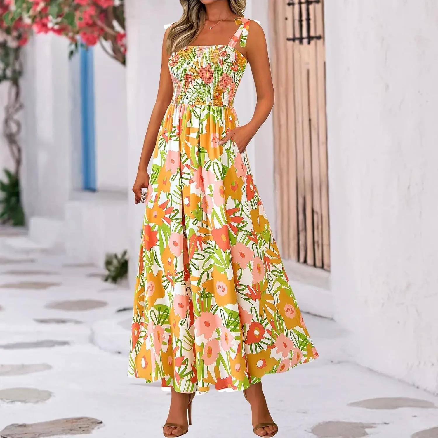 Summer Floral Dress for Women Trendy Sleeveless Maxi Dress Flowy Spaghetti Strap A Line Beach Vacation Long Sundress