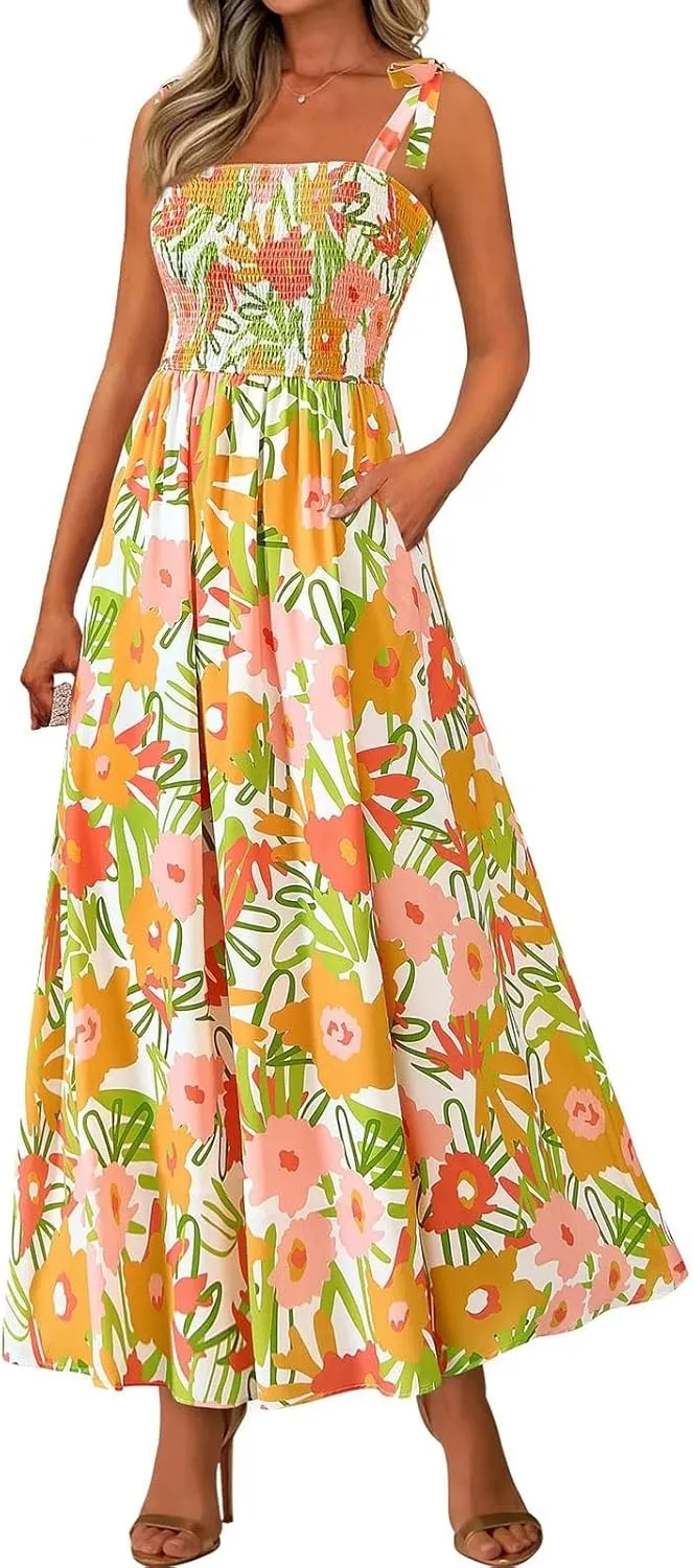 Summer Floral Dress for Women Trendy Sleeveless Maxi Dress Flowy Spaghetti Strap A Line Beach Vacation Long Sundress