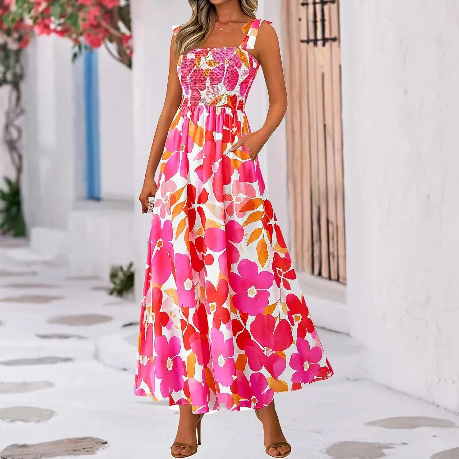 Summer Floral Dress for Women Trendy Sleeveless Maxi Dress Flowy Spaghetti Strap A Line Beach Vacation Long Sundress