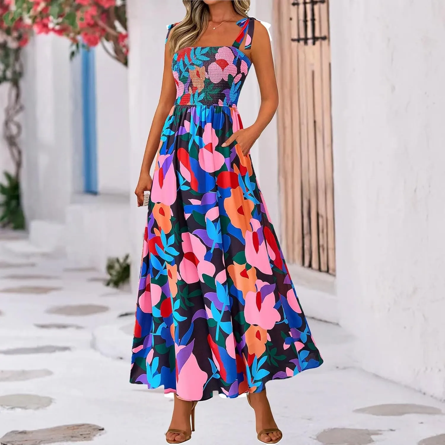 Summer Floral Dress for Women Trendy Sleeveless Maxi Dress Flowy Spaghetti Strap A Line Beach Vacation Long Sundress