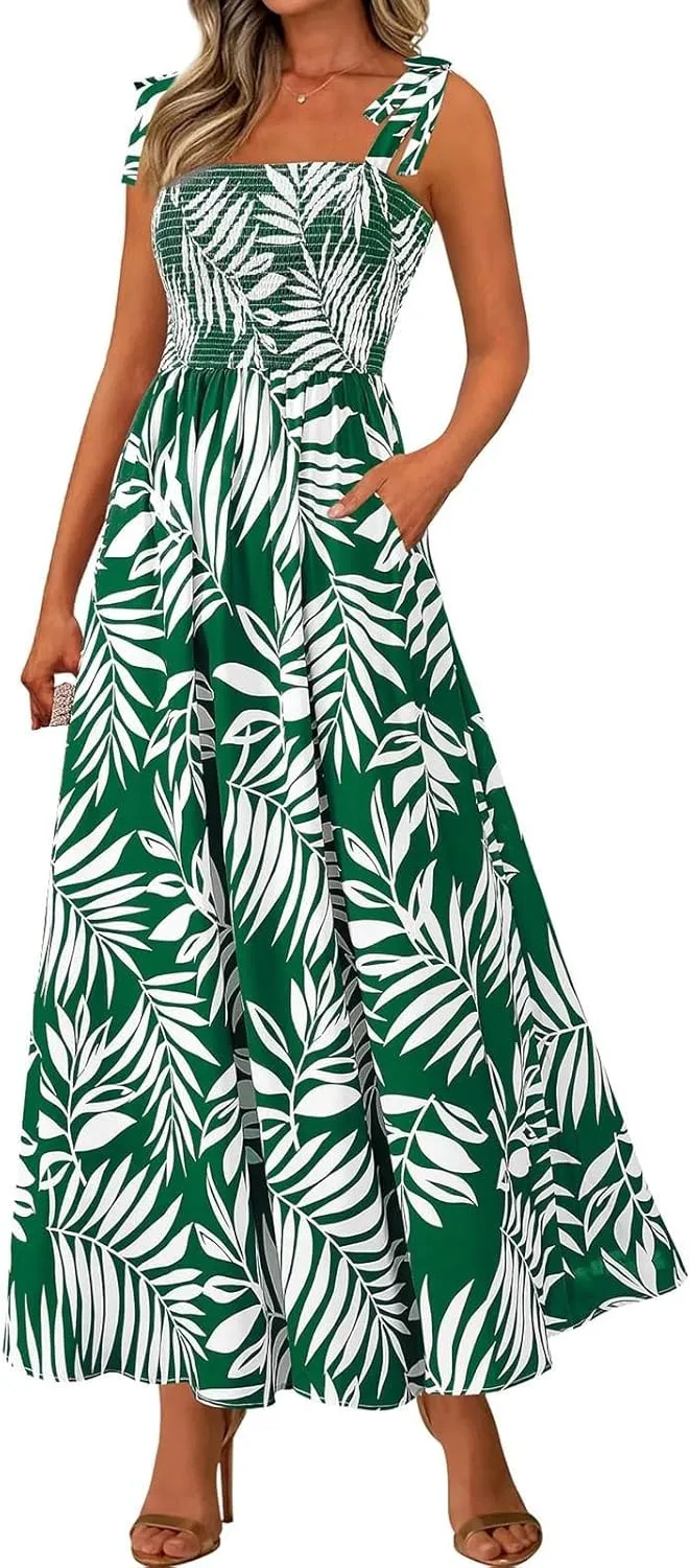 Summer Floral Dress for Women Trendy Sleeveless Maxi Dress Flowy Spaghetti Strap A Line Beach Vacation Long Sundress