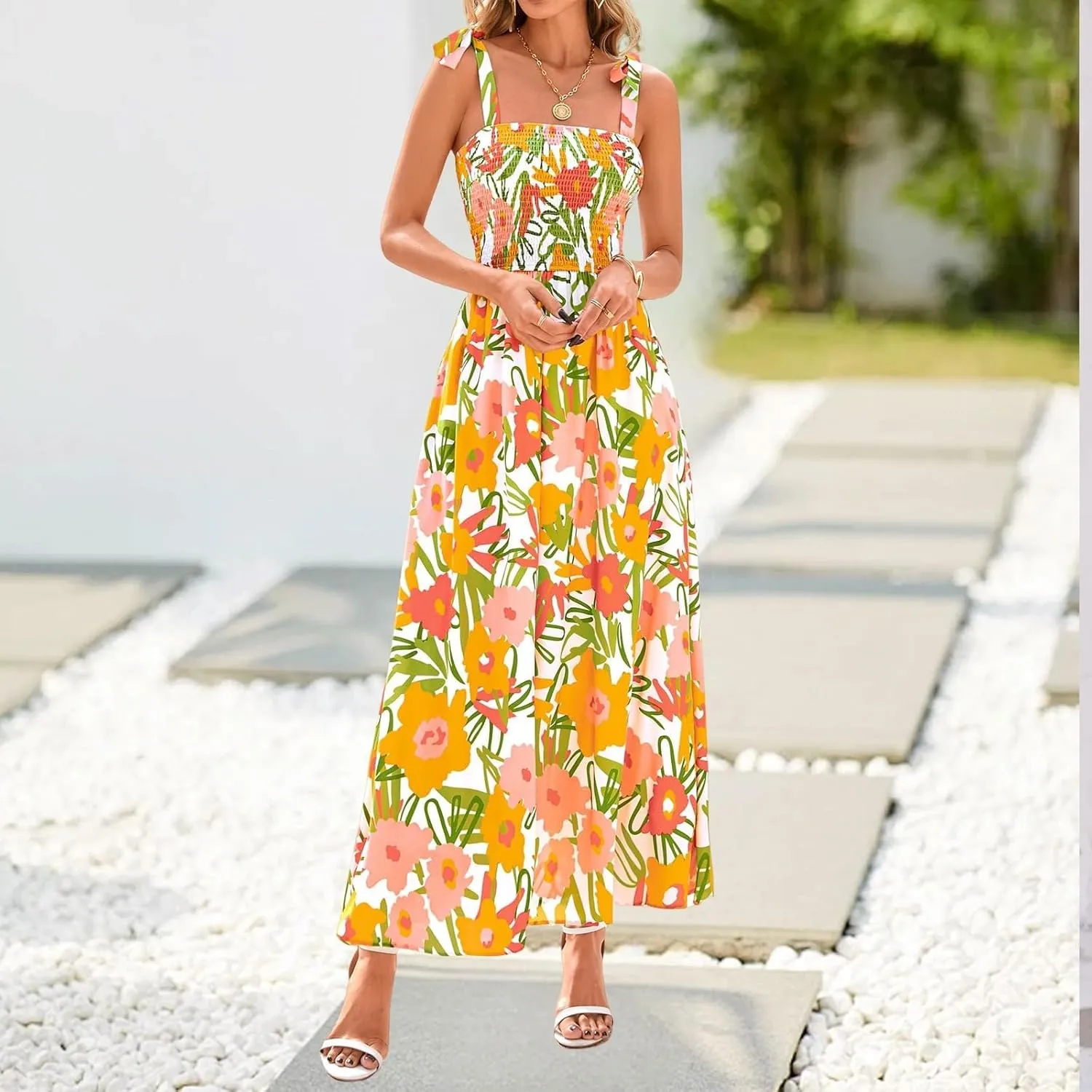 Summer Floral Dress for Women Trendy Sleeveless Maxi Dress Flowy Spaghetti Strap A Line Beach Vacation Long Sundress