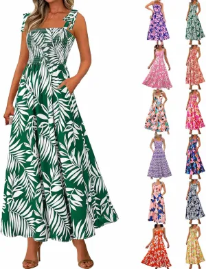 Summer Floral Dress for Women Trendy Sleeveless Maxi Dress Flowy Spaghetti Strap A Line Beach Vacation Long Sundress