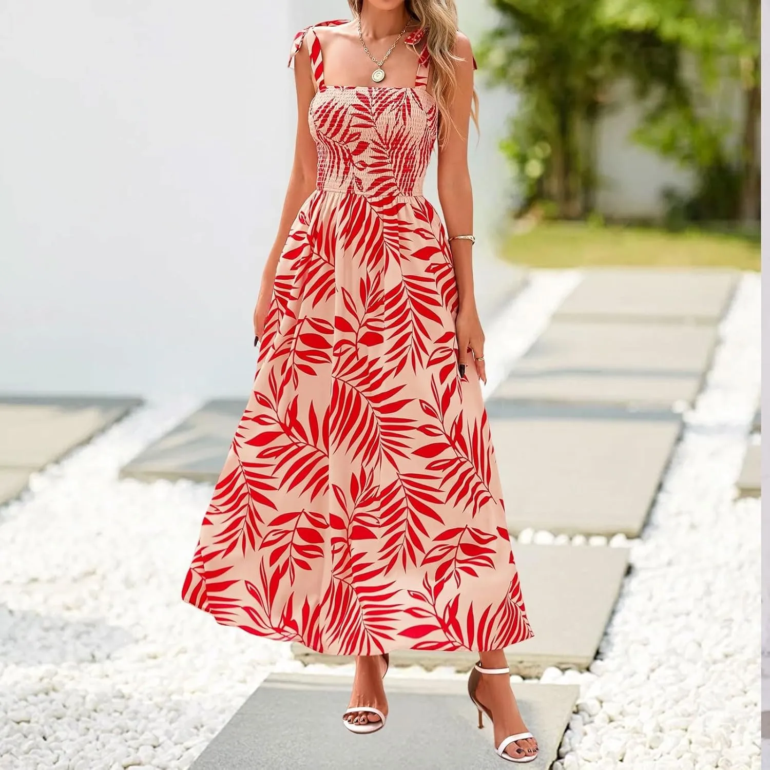 Summer Floral Dress for Women Trendy Sleeveless Maxi Dress Flowy Spaghetti Strap A Line Beach Vacation Long Sundress