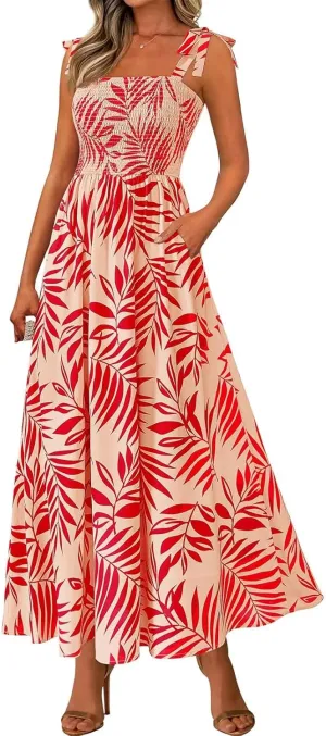 Summer Floral Dress for Women Trendy Sleeveless Maxi Dress Flowy Spaghetti Strap A Line Beach Vacation Long Sundress