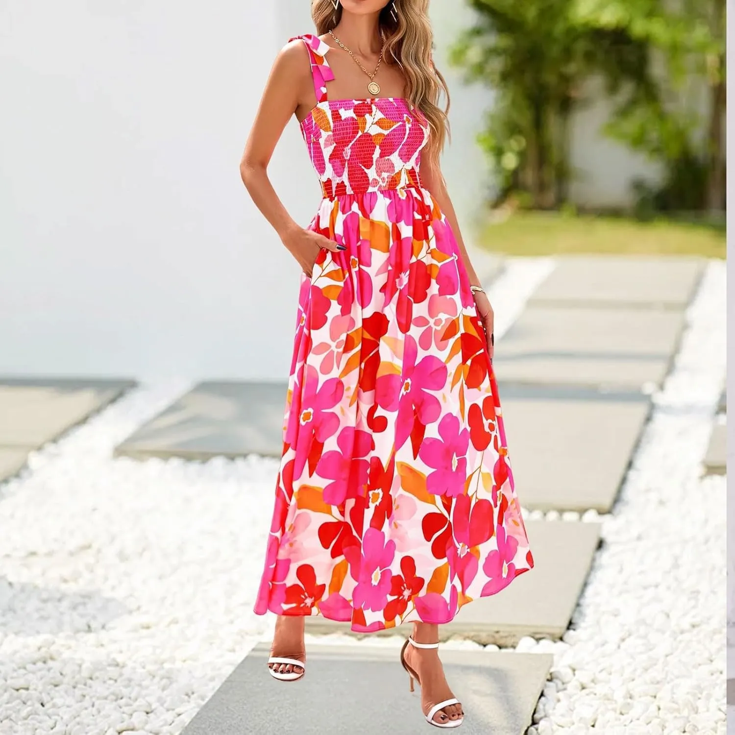 Summer Floral Dress for Women Trendy Sleeveless Maxi Dress Flowy Spaghetti Strap A Line Beach Vacation Long Sundress