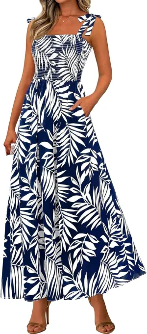 Summer Floral Dress for Women Trendy Sleeveless Maxi Dress Flowy Spaghetti Strap A Line Beach Vacation Long Sundress