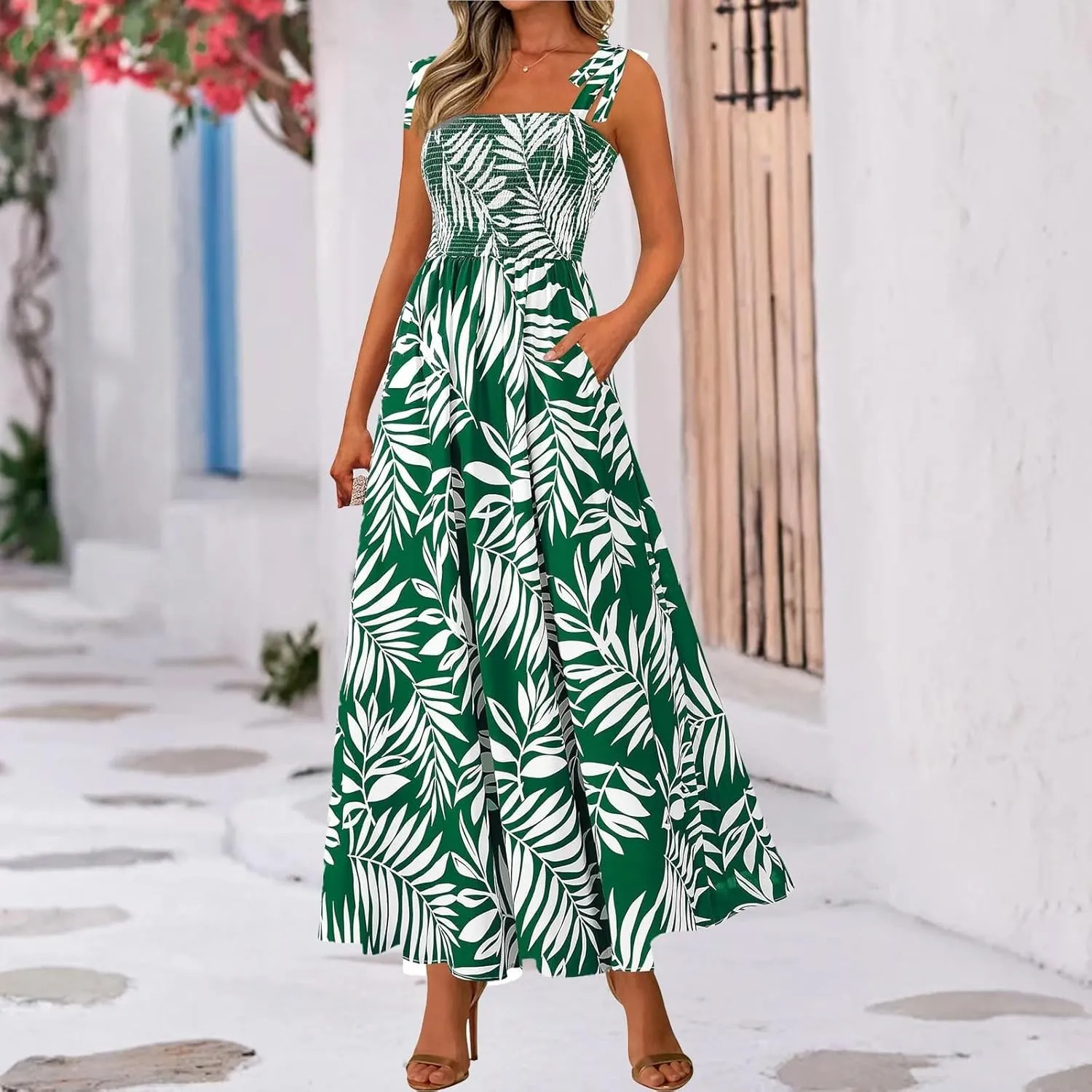 Summer Floral Dress for Women Trendy Sleeveless Maxi Dress Flowy Spaghetti Strap A Line Beach Vacation Long Sundress