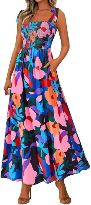 Summer Floral Dress for Women Trendy Sleeveless Maxi Dress Flowy Spaghetti Strap A Line Beach Vacation Long Sundress
