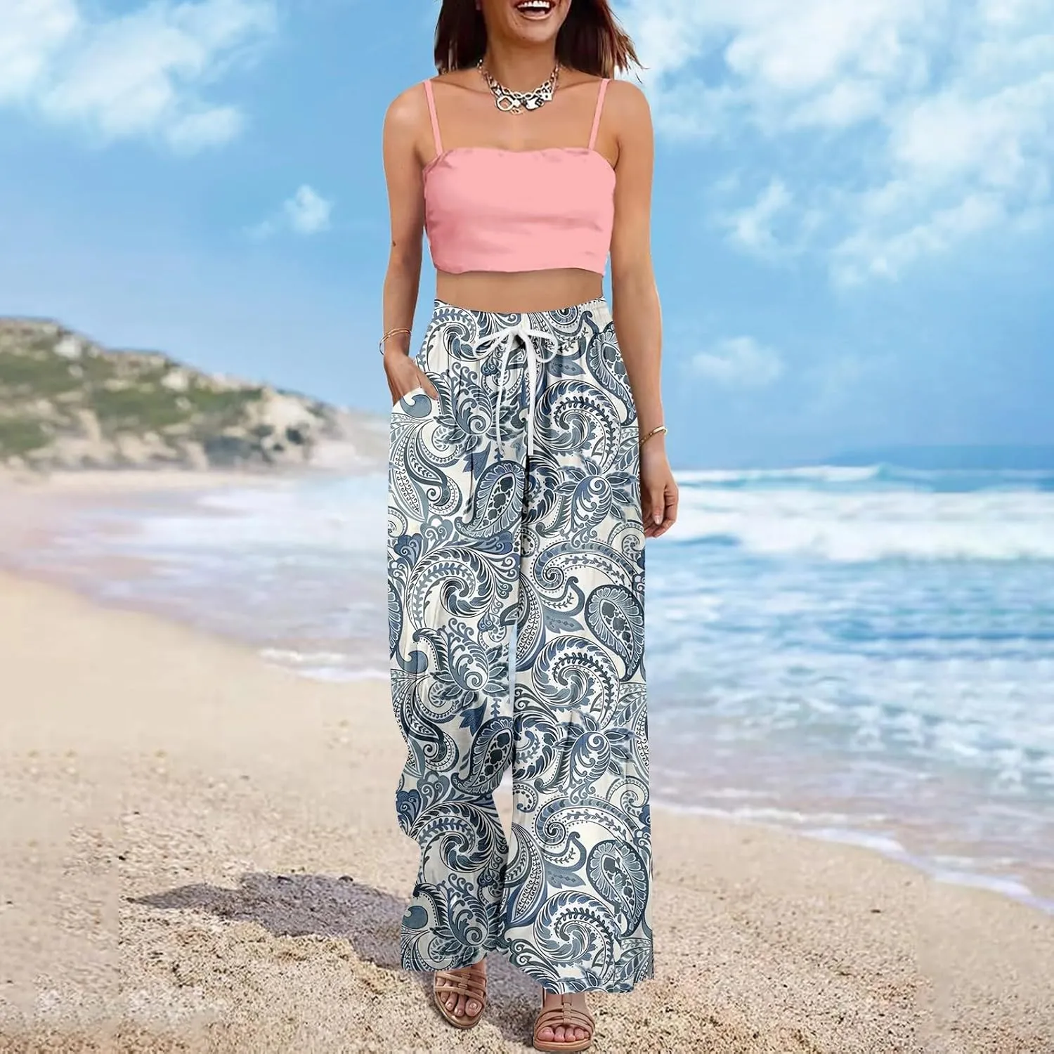 Summer Pants for Women Relaxed Fit Trendy Bohemian Style Floral Elastic Waist Casual Palazzo Summer Bottoms