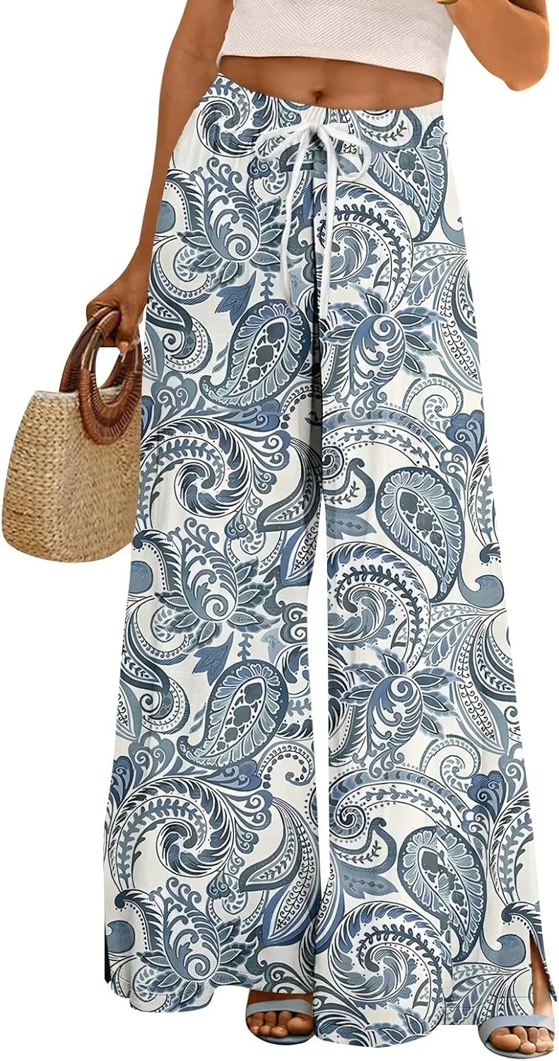 Summer Pants for Women Relaxed Fit Trendy Bohemian Style Floral Elastic Waist Casual Palazzo Summer Bottoms