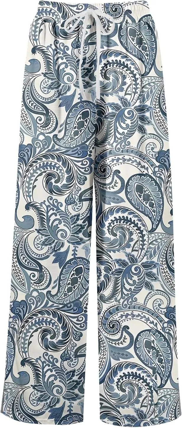 Summer Pants for Women Relaxed Fit Trendy Bohemian Style Floral Elastic Waist Casual Palazzo Summer Bottoms