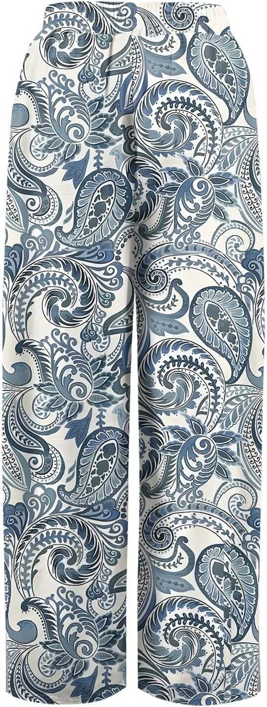 Summer Pants for Women Relaxed Fit Trendy Bohemian Style Floral Elastic Waist Casual Palazzo Summer Bottoms