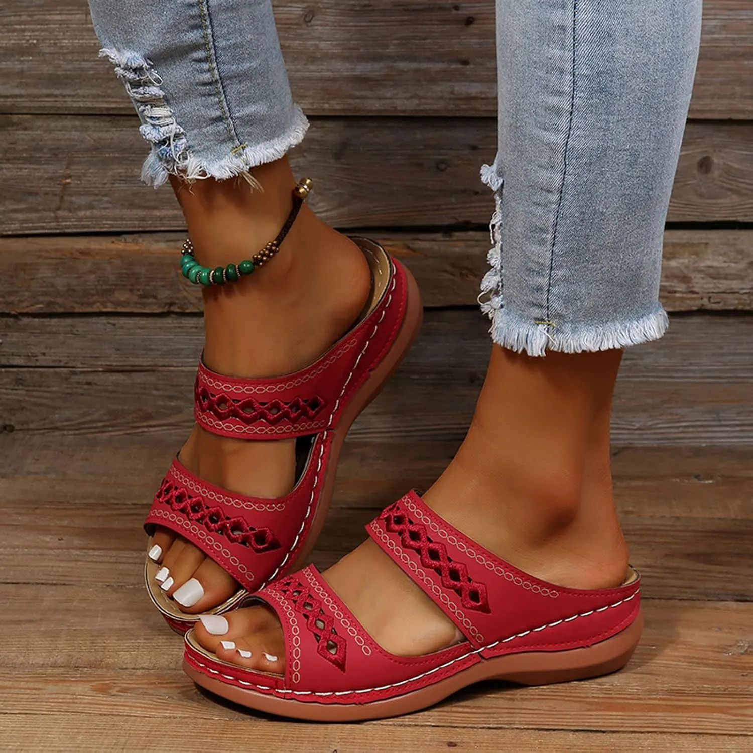 Summer Sandals for Women 2025 Boho Open Toe Slip On Slides Summer Casual Comfortable Beach Orthopedic Sandals