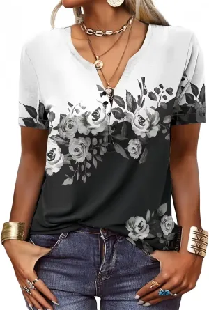 Summer Shirts for Women 2025 Short Sleeve Tunic Tops Flower Printed T Shirts Graphic V Neck Button Up Shirts