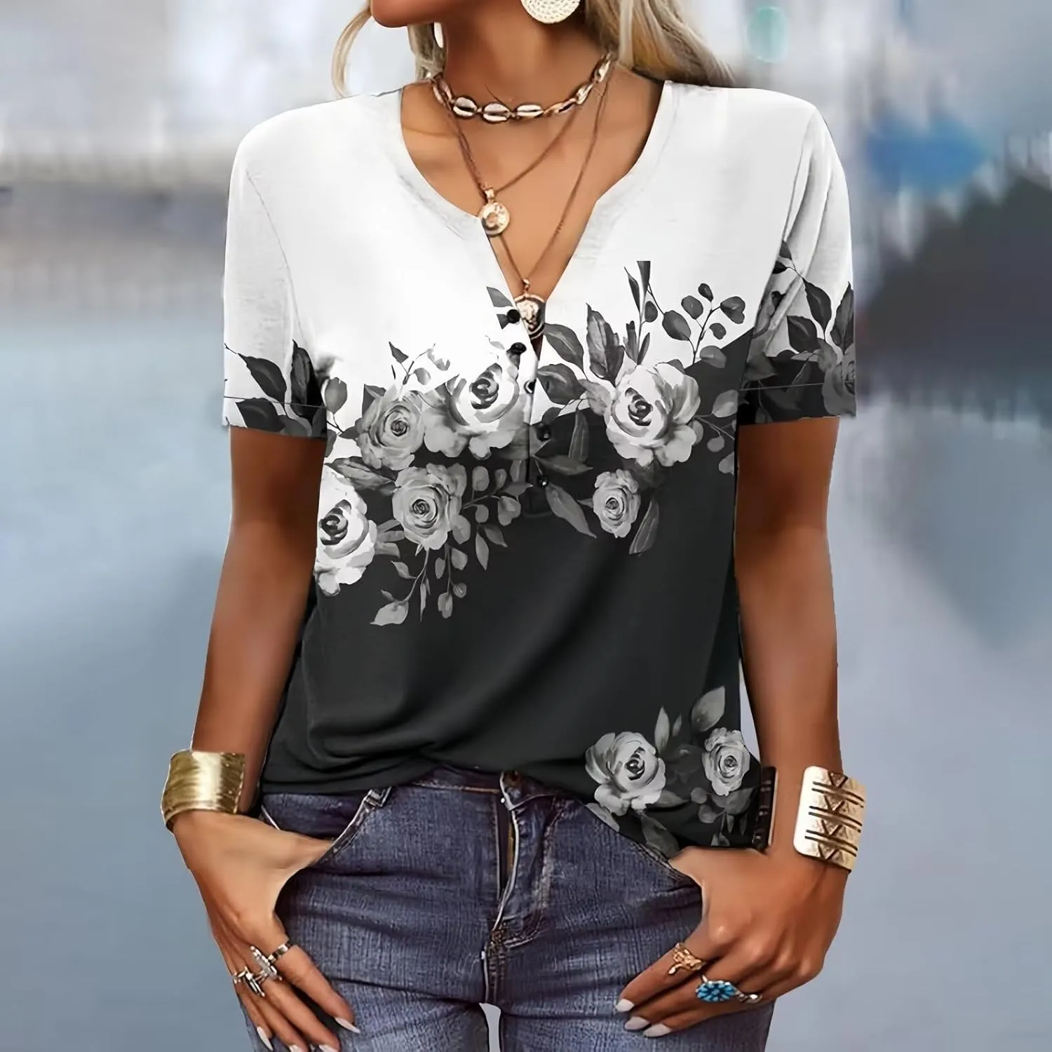 Summer Shirts for Women 2025 Short Sleeve Tunic Tops Flower Printed T Shirts Graphic V Neck Button Up Shirts