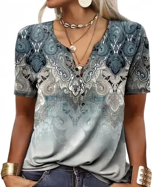 Summer Shirts for Women 2025 Short Sleeve Tunic Tops Flower Printed T Shirts Graphic V Neck Button Up Shirts