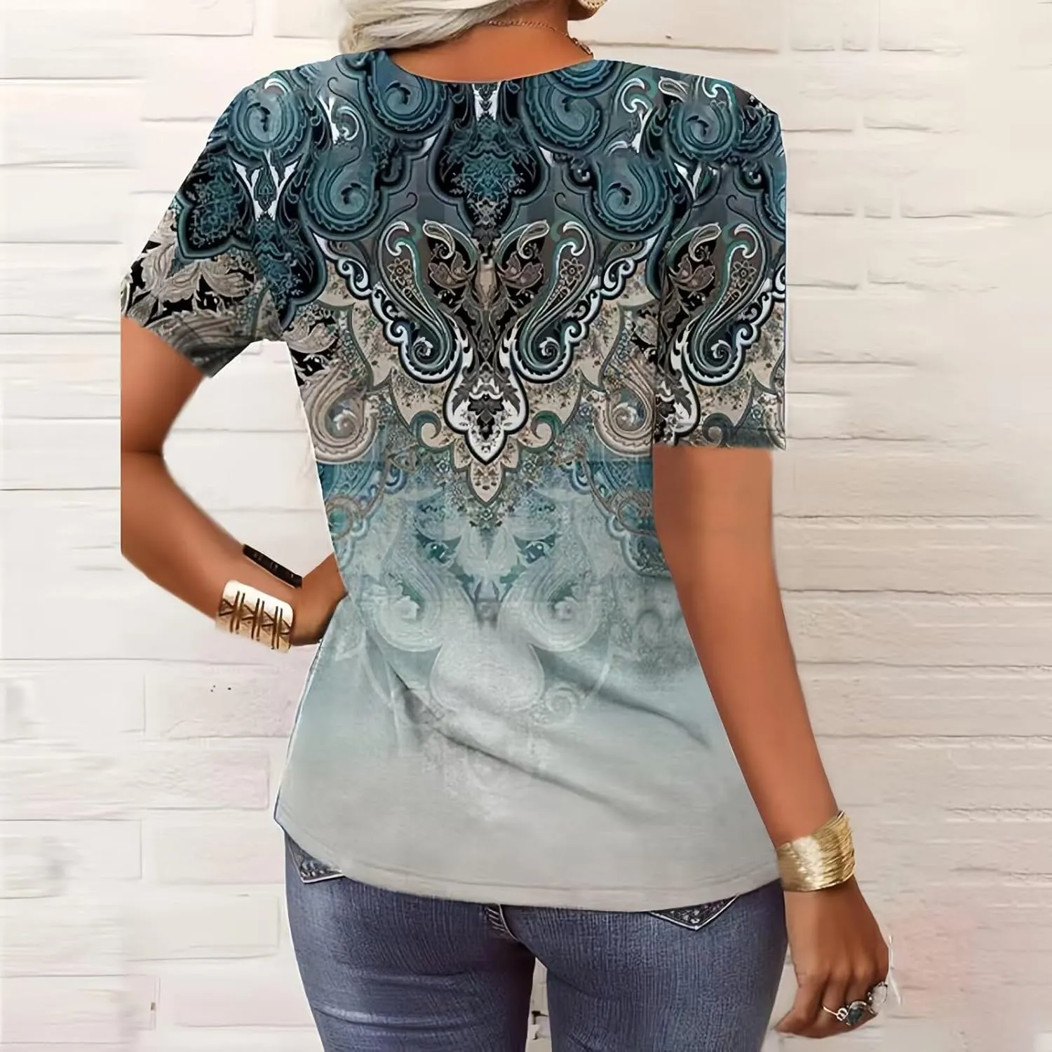 Summer Shirts for Women 2025 Short Sleeve Tunic Tops Flower Printed T Shirts Graphic V Neck Button Up Shirts