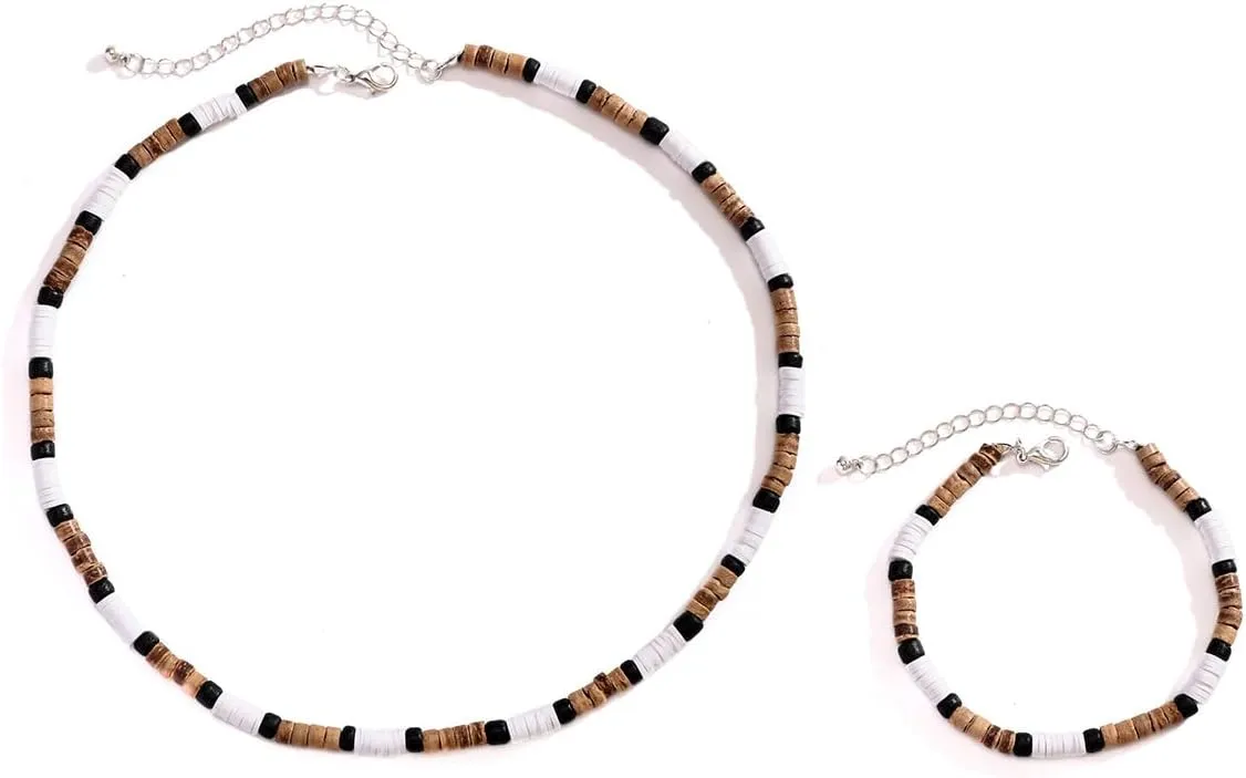 Surfing Beaded Bohemia Shell for Women Men Wood Beaded Necklace Bracelet Set Ideal for Summer Beach